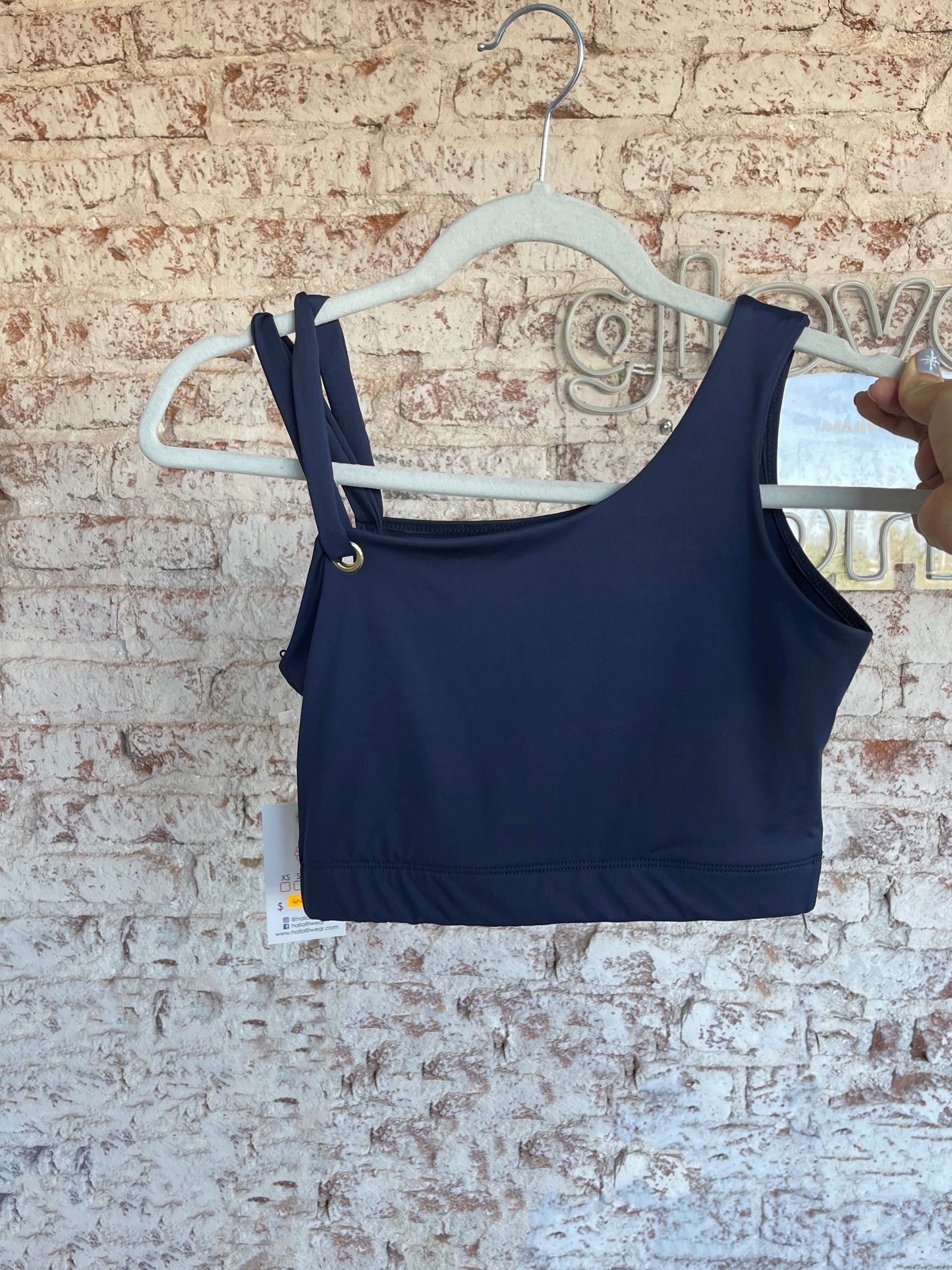 navy one shoulder top