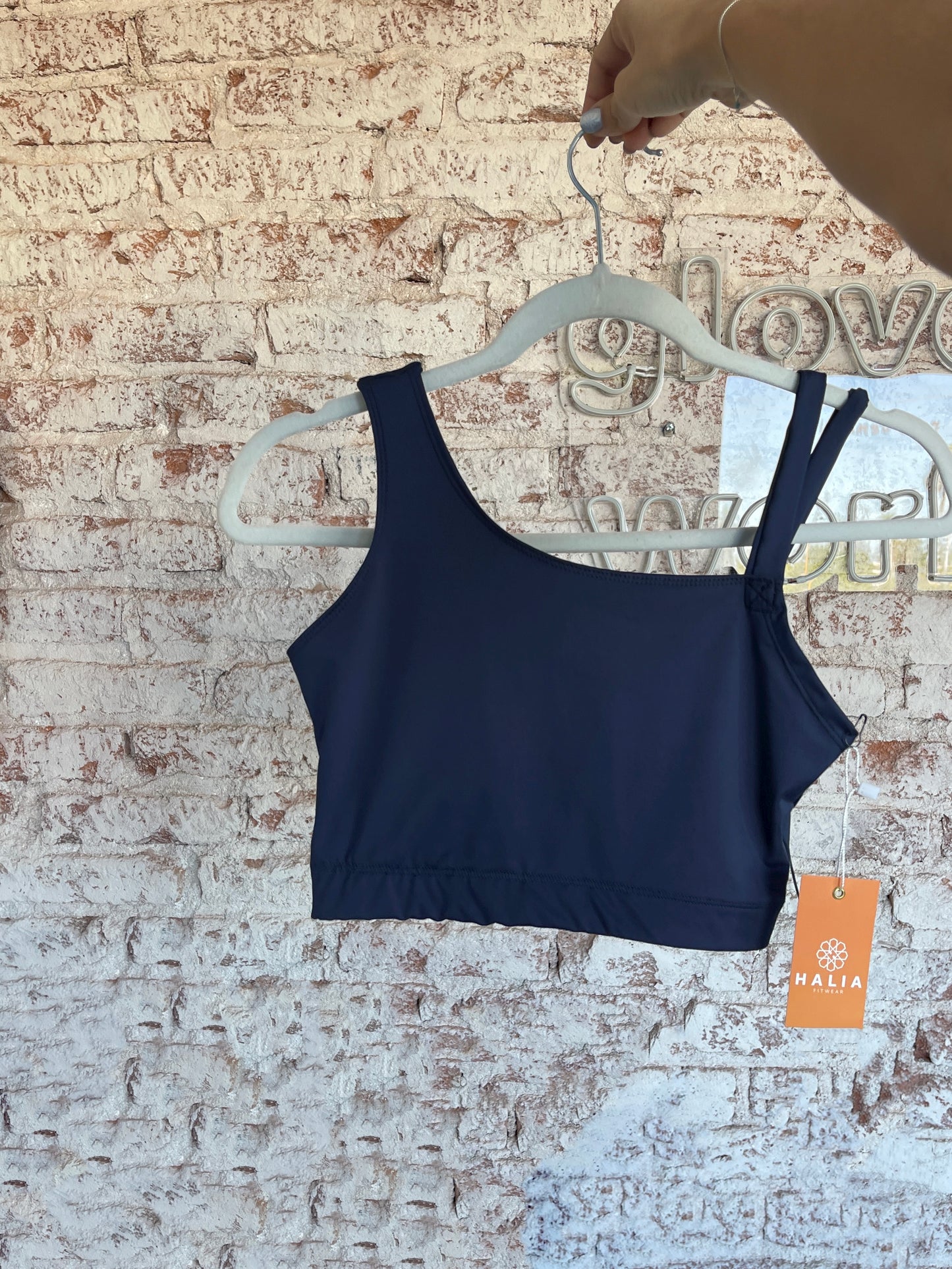 navy one shoulder top